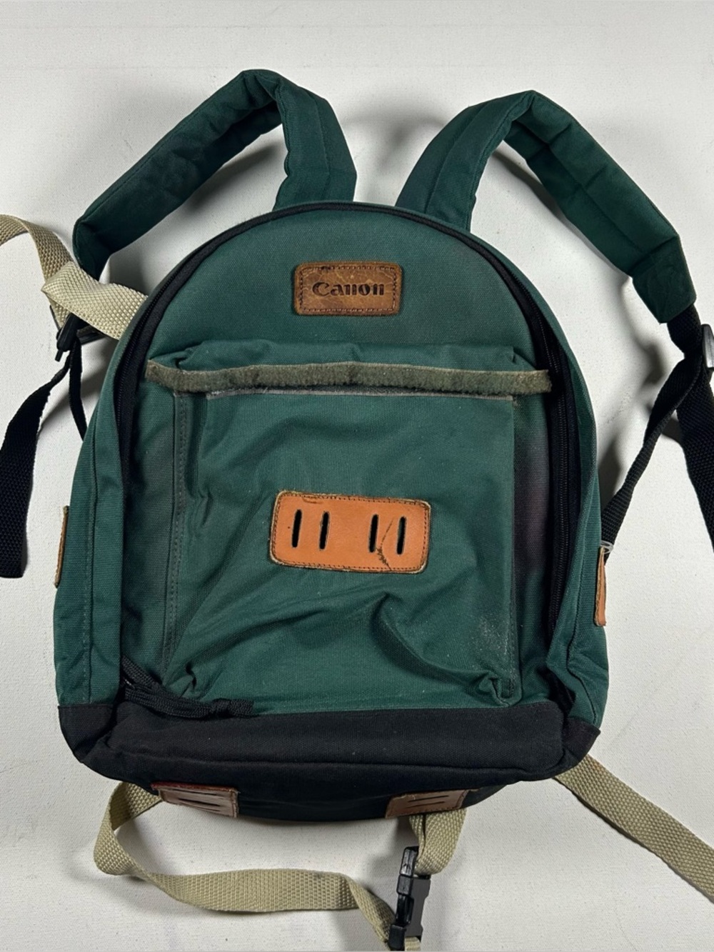 Vintage Canon Camera Photographer Backpack Padded Leather Forest Green